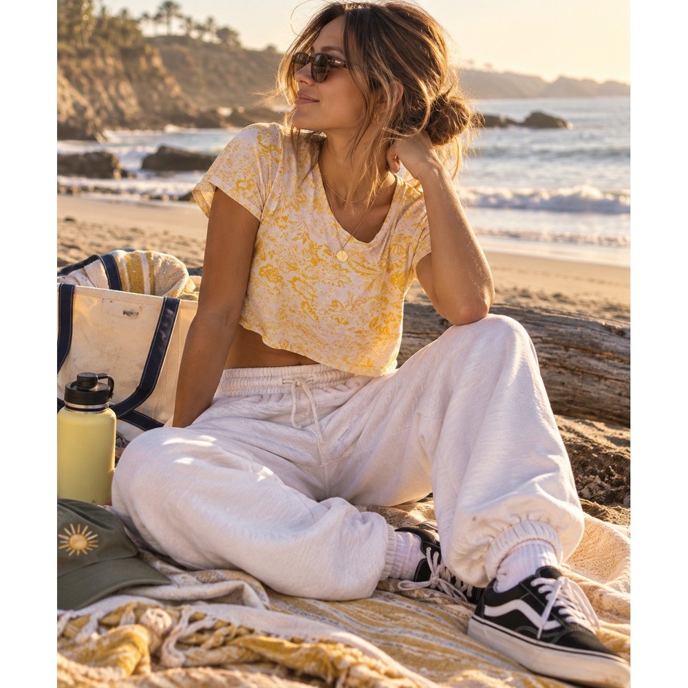 Pilcro NWT crop damask yellow cream scoopneck extra soft layering tee med floral